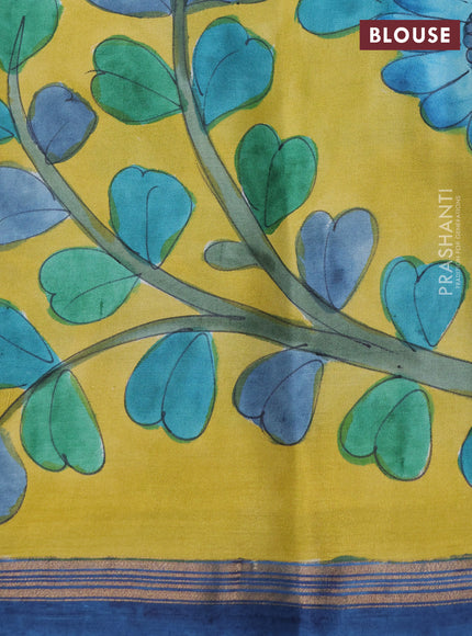 Pure soft silk saree navy blue and yellow with plain body and kalamkari hand printed pallu