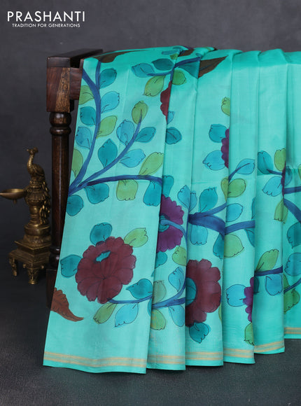 Pure soft silk saree teal green shade and peach orange with kalamkari hand painted prints and kalamkari hand printed pallu