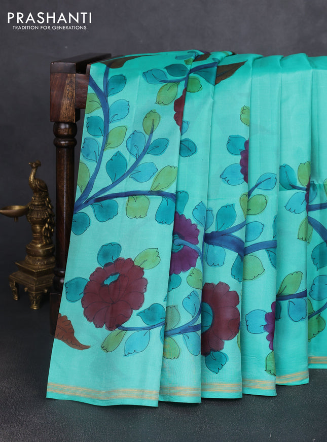 Pure soft silk saree teal green shade and peach orange with kalamkari hand painted prints and kalamkari hand printed pallu