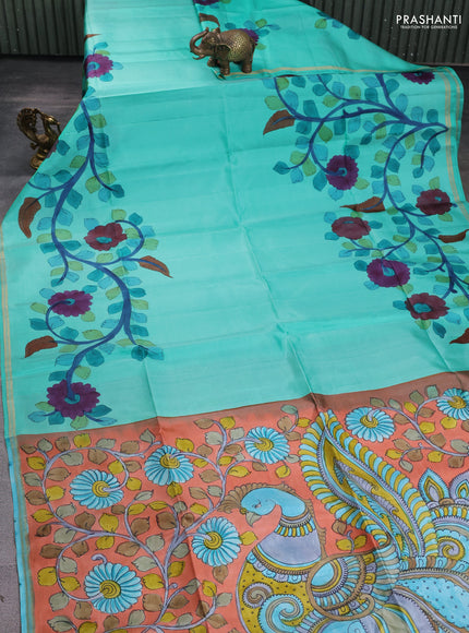 Pure soft silk saree teal green shade and peach orange with kalamkari hand painted prints and kalamkari hand printed pallu