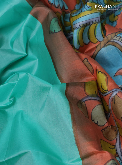 Pure soft silk saree teal green shade and peach orange with kalamkari hand painted prints and kalamkari hand printed pallu