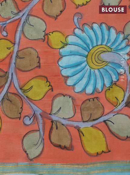 Pure soft silk saree teal green shade and peach orange with kalamkari hand painted prints and kalamkari hand printed pallu