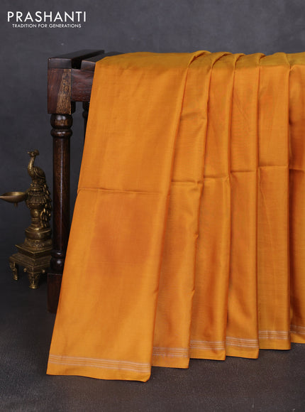 Pure soft silk saree mustard yellow and purple with plain body and kalamkari hand printed pallu