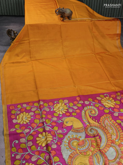 Pure soft silk saree mustard yellow and purple with plain body and kalamkari hand printed pallu