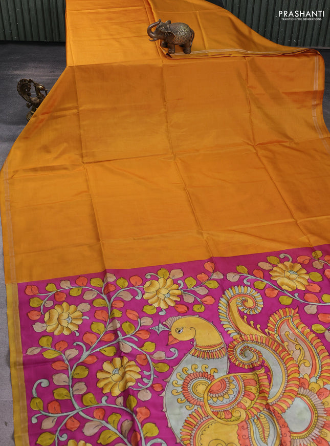 Pure soft silk saree mustard yellow and purple with plain body and kalamkari hand printed pallu