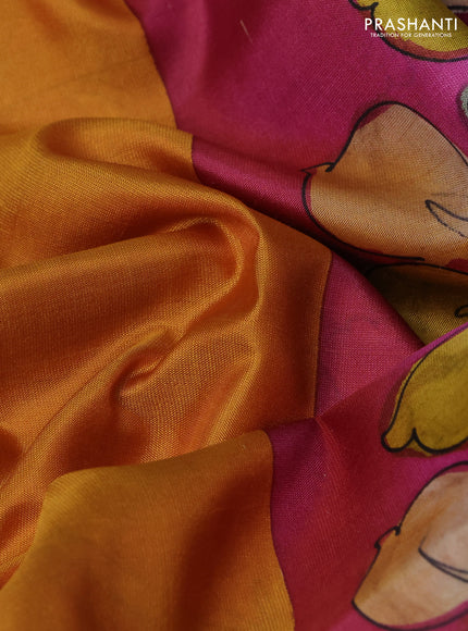 Pure soft silk saree mustard yellow and purple with plain body and kalamkari hand printed pallu