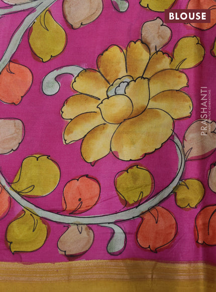 Pure soft silk saree mustard yellow and purple with plain body and kalamkari hand printed pallu