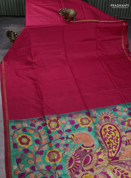 Pure soft silk saree dark pink and teal green with plain body and kalamkari hand printed pallu