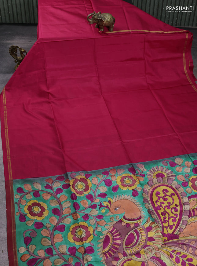Pure soft silk saree dark pink and teal green with plain body and kalamkari hand printed pallu