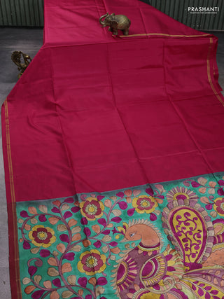 Pure soft silk saree dark pink and teal green with plain body and kalamkari hand printed pallu