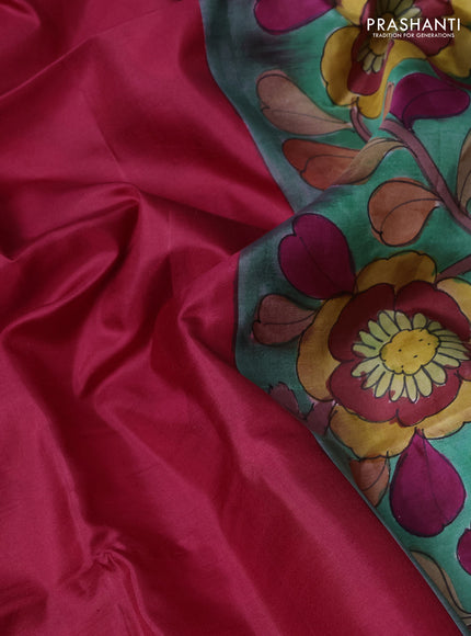 Pure soft silk saree dark pink and teal green with plain body and kalamkari hand printed pallu