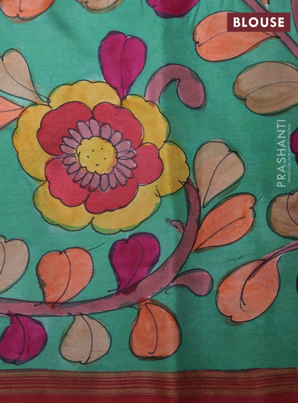 Pure soft silk saree dark pink and teal green with plain body and kalamkari hand printed pallu