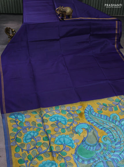 Pure soft silk saree dark blue and yellow with plain body and kalamkari hand printed pallu