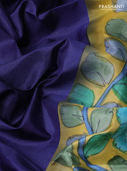 Pure soft silk saree dark blue and yellow with plain body and kalamkari hand printed pallu