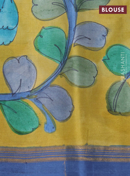 Pure soft silk saree dark blue and yellow with plain body and kalamkari hand printed pallu