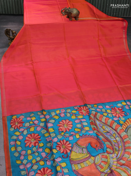 Pure soft silk saree dual shade of pinkish orange and teal blue with plain body and kalamkari hand printed pallu