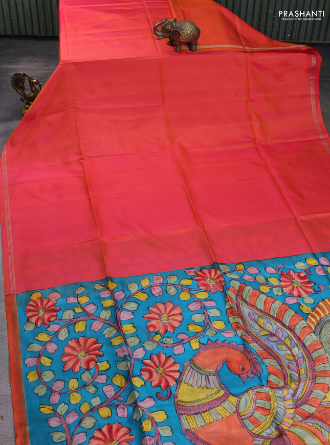 Pure soft silk saree dual shade of pinkish orange and teal blue with plain body and kalamkari hand printed pallu