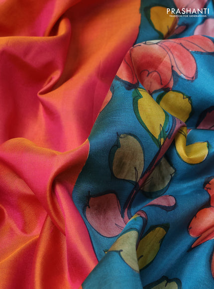 Pure soft silk saree dual shade of pinkish orange and teal blue with plain body and kalamkari hand printed pallu