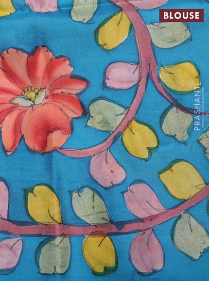 Pure soft silk saree dual shade of pinkish orange and teal blue with plain body and kalamkari hand printed pallu
