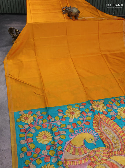 Pure soft silk saree mustard yellow and teal blue with plain body and kalamkari hand printed pallu