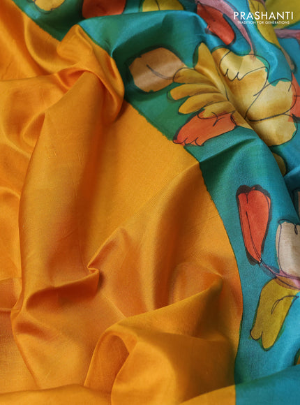 Pure soft silk saree mustard yellow and teal blue with plain body and kalamkari hand printed pallu