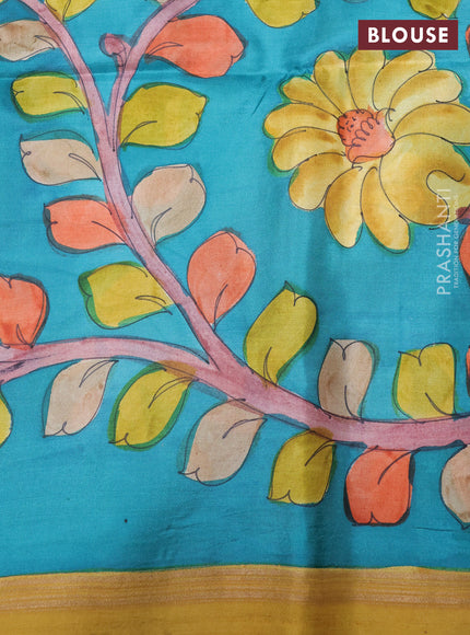 Pure soft silk saree mustard yellow and teal blue with plain body and kalamkari hand printed pallu