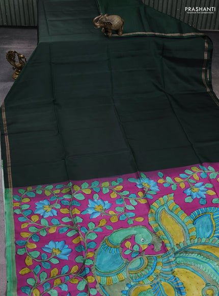 Pure soft silk saree bottle green and purple with plain body and kalamkari hand printed pallu