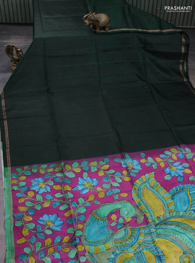 Pure soft silk saree bottle green and purple with plain body and kalamkari hand printed pallu
