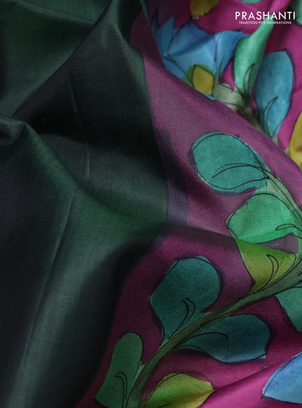 Pure soft silk saree bottle green and purple with plain body and kalamkari hand printed pallu