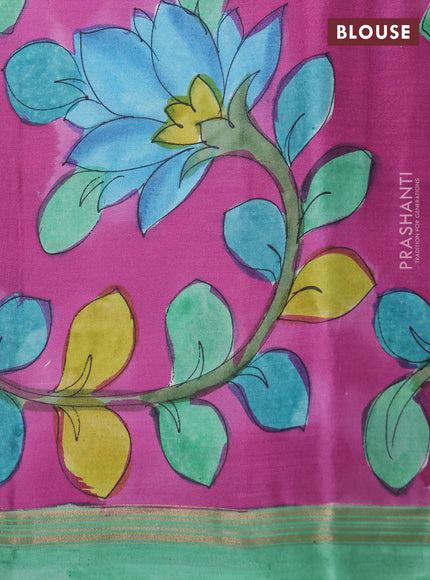 Pure soft silk saree bottle green and purple with plain body and kalamkari hand printed pallu