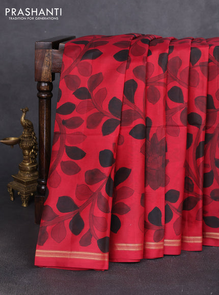 Pure soft silk saree red and elaichi green with allover kalamkari hand painted prints and kalamkari hand printed pallu