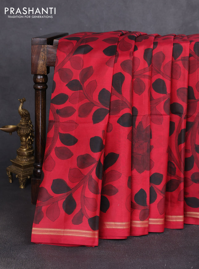 Pure soft silk saree red and elaichi green with allover kalamkari hand painted prints and kalamkari hand printed pallu