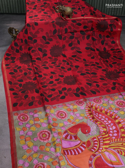 Pure soft silk saree red and elaichi green with allover kalamkari hand painted prints and kalamkari hand printed pallu