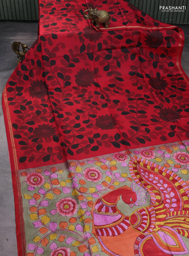 Pure soft silk saree red and elaichi green with allover kalamkari hand painted prints and kalamkari hand printed pallu
