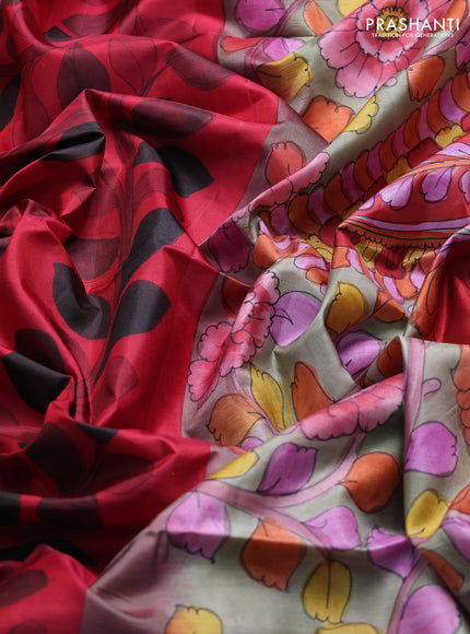 Pure soft silk saree red and elaichi green with allover kalamkari hand painted prints and kalamkari hand printed pallu