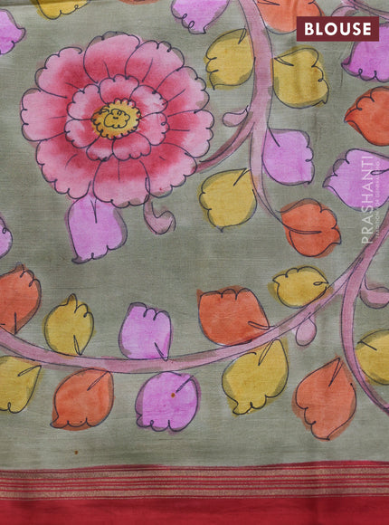 Pure soft silk saree red and elaichi green with allover kalamkari hand painted prints and kalamkari hand printed pallu