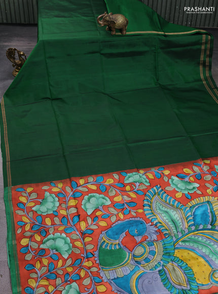 Pure soft silk saree dark green and rustic orange with plain body and kalamkari hand printed pallu