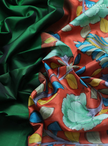 Pure soft silk saree dark green and rustic orange with plain body and kalamkari hand printed pallu