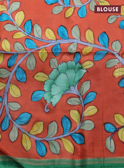 Pure soft silk saree dark green and rustic orange with plain body and kalamkari hand printed pallu