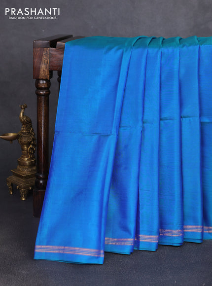Pure soft silk saree dual shade of bluish green and yellow with plain body and kalamkari hand printed pallu