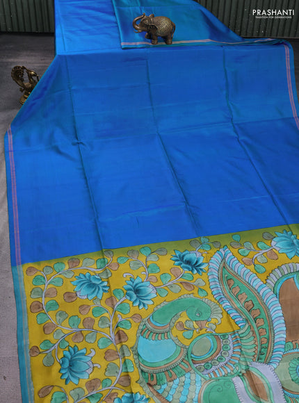 Pure soft silk saree dual shade of bluish green and yellow with plain body and kalamkari hand printed pallu