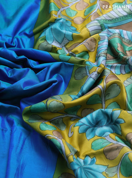 Pure soft silk saree dual shade of bluish green and yellow with plain body and kalamkari hand printed pallu