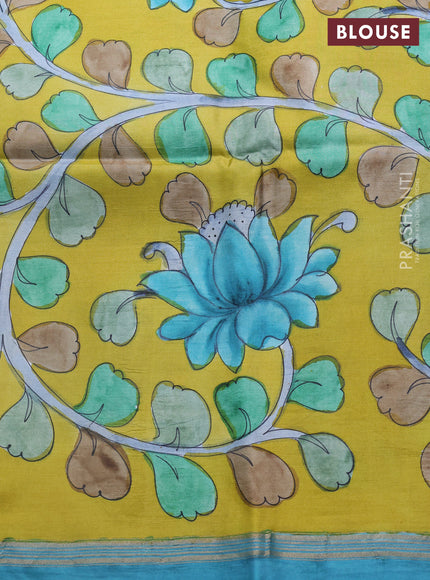 Pure soft silk saree dual shade of bluish green and yellow with plain body and kalamkari hand printed pallu