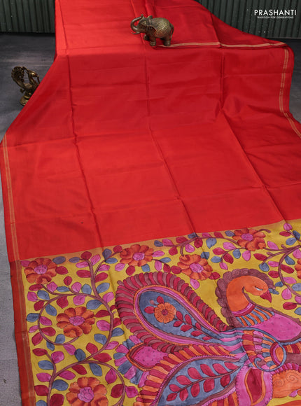 Pure soft silk saree red and yellow with plain body and kalamkari hand printed pallu