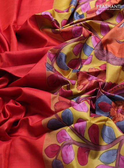Pure soft silk saree red and yellow with plain body and kalamkari hand printed pallu