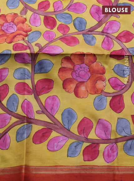 Pure soft silk saree red and yellow with plain body and kalamkari hand printed pallu