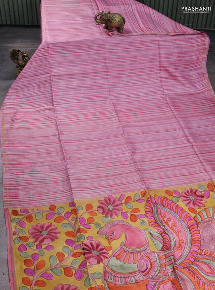Pure soft silk saree lavender shade and yellow with allover stripe pattern and kalamkari hand printed pallu