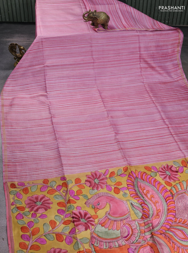 Pure soft silk saree lavender shade and yellow with allover stripe pattern and kalamkari hand printed pallu