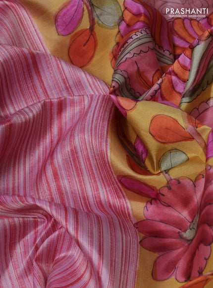 Pure soft silk saree lavender shade and yellow with allover stripe pattern and kalamkari hand printed pallu