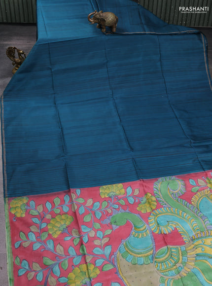 Pure soft silk saree peacock green and pink with plain body and kalamkari hand printed pallu